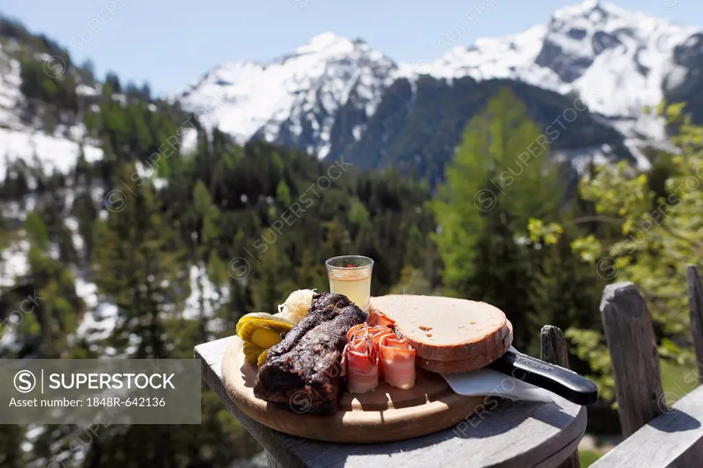 Bacon snack at Gfoelleralm restaurant, Soelktaeler Nature Park, Schladming Tauern mountains, Upper Stryria, Styria, Austria, Europe