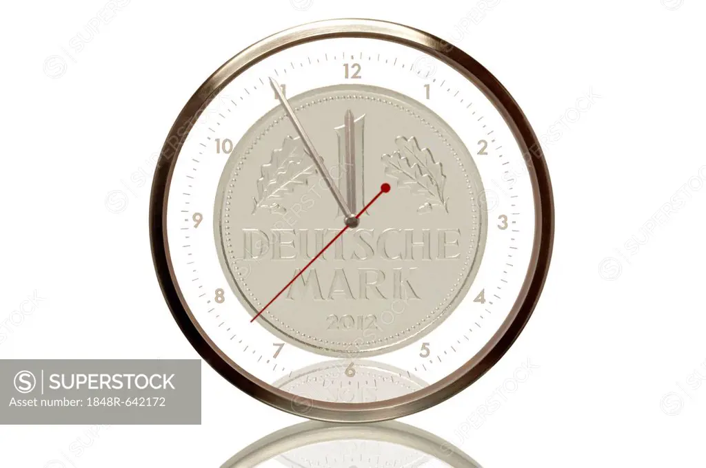 Clock with a Deutschmark coin produced in 2012, 5 minutes to twelve, eleventh hour, symbolic image for euro crisis