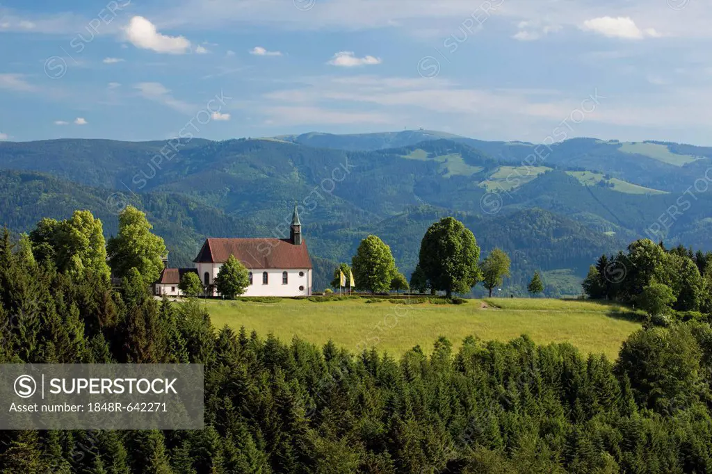Black forest landscape surrounding Maria Lindenberg chapel in St. Peter, Baden-Wuerttemberg, Germany, Europe