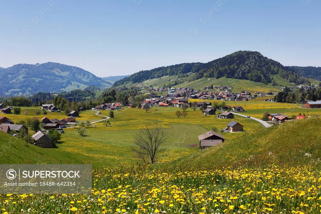 Hittisau village with Mt. Roter Berg, right, Bregenzerwald region, Vorarlberg, Austria, Europe