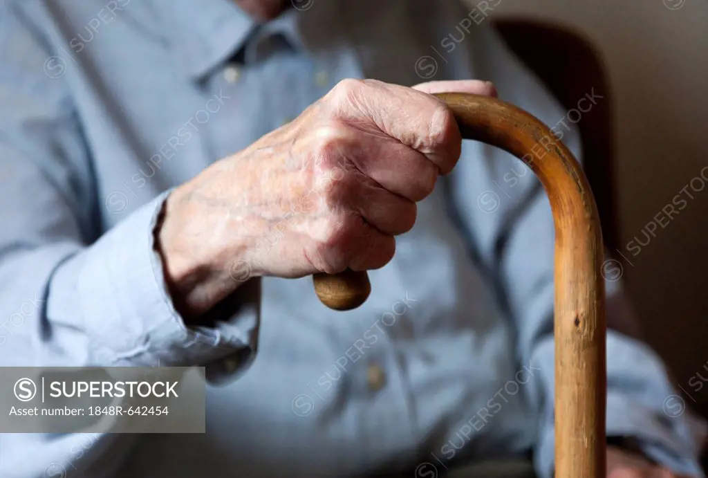 Old man, male hand holding a walking stick, nursing home, retirement home, Berlin, Germany, Europe