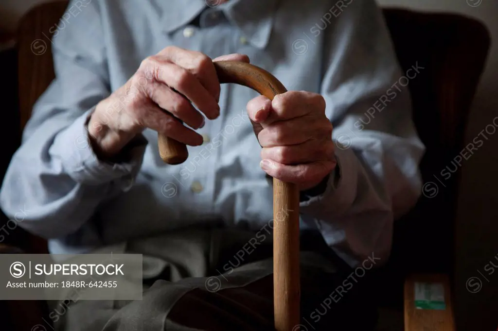 Old man, male hand gripping a walking stick, nursing home, retirement home, Berlin, Germany, Europe