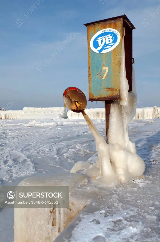 Icy, rusty box and sign, frozen Black Sea, a rare phenomenon, Odessa, Ukraine, Eastern Europe