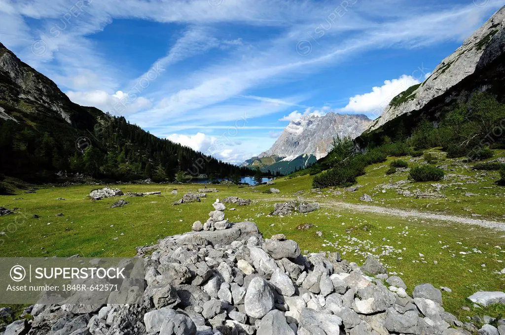 Cairn in front of Seebensee lake and Mt Zugspitze, Ehrwald, Tyrol, Austria, Europe, PublicGround