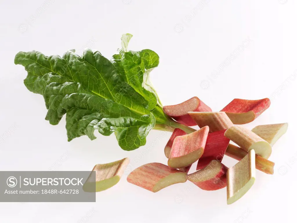 Rhubarb pieces and rhubarb leaf