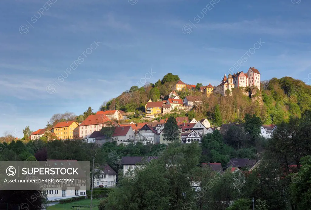 Egloffstein and Egloffstein Castle, Trubachtal valley, Little Switzerland, Upper Franconia, Franconia, Bavaria, Germany, Europe, PublicGround