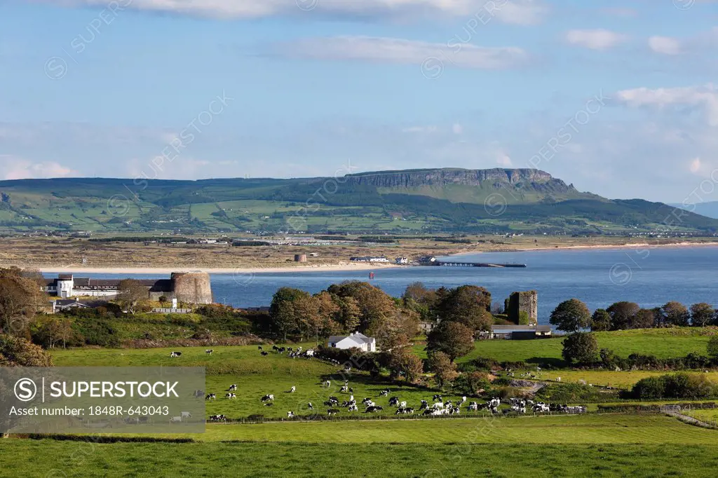 View over Greencastle on Inishowen Peninsula, County Donegal, Ireland, with Magilligan Point and Binevenagh Mountain in Derry at the rear, Northern Ir...