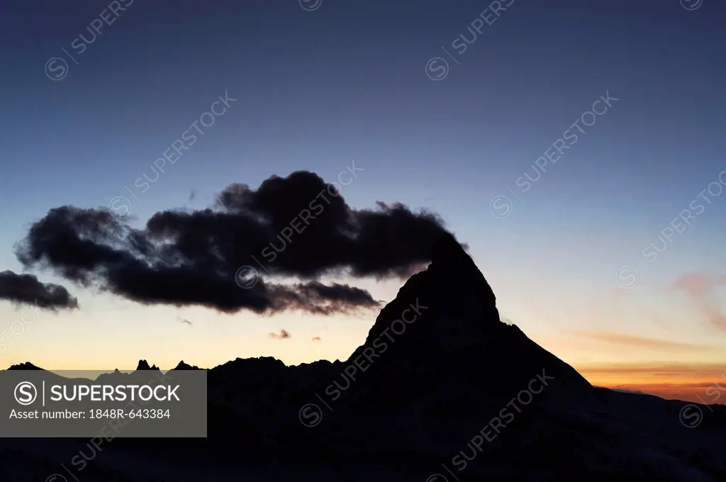 Mt. Matterhorn with a cloud flag in Zermatt, Valais, Switzerland, Europe