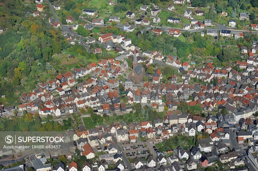 Aerial view of Biedenkopf with the Protestant-Lutheran Church and Lahntal valley, Hinterland, district of Marburg-Biedenkopf, Hesse, Germany, Europe