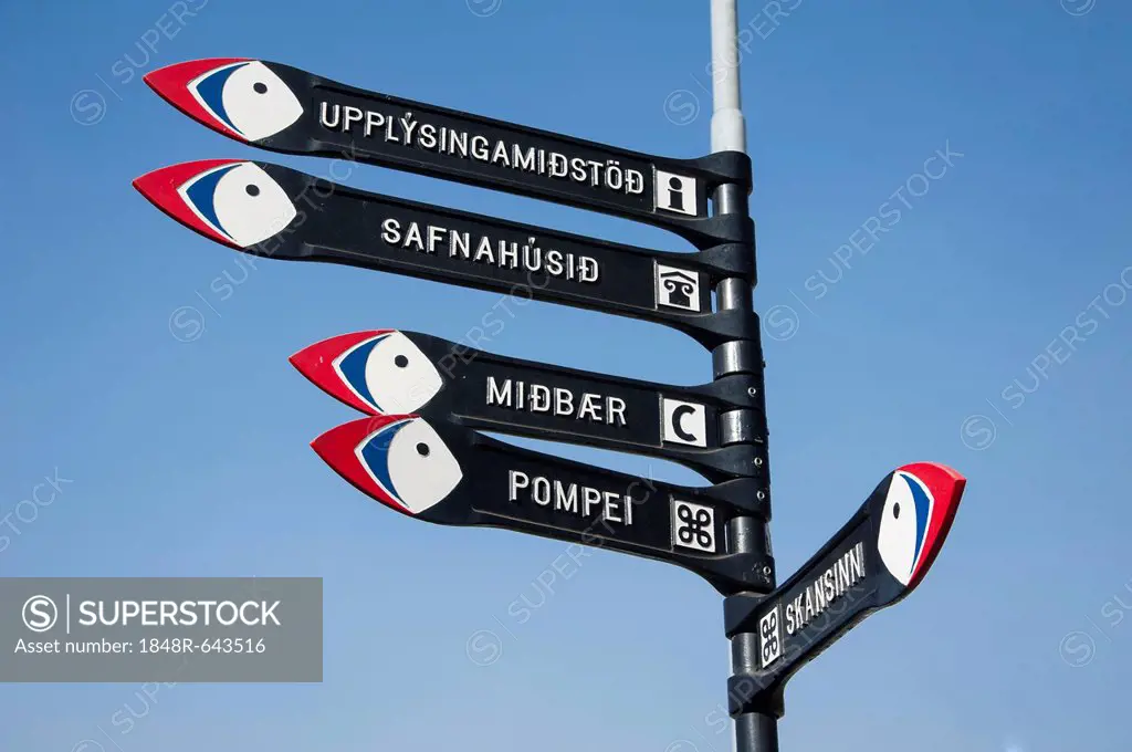 Signposts in the town of Vestmannaeyjar, Heimaey Island, Westman Islands, South Iceland or Suðurland, Iceland, Europe