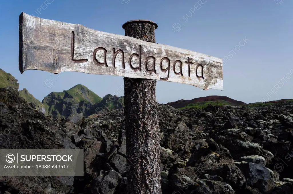 Landagata signpost, Eldfell lava field, town of Vestmannaeyjar, Heimaey, Westman Islands, south Iceland or Suðurland, Iceland, Europe