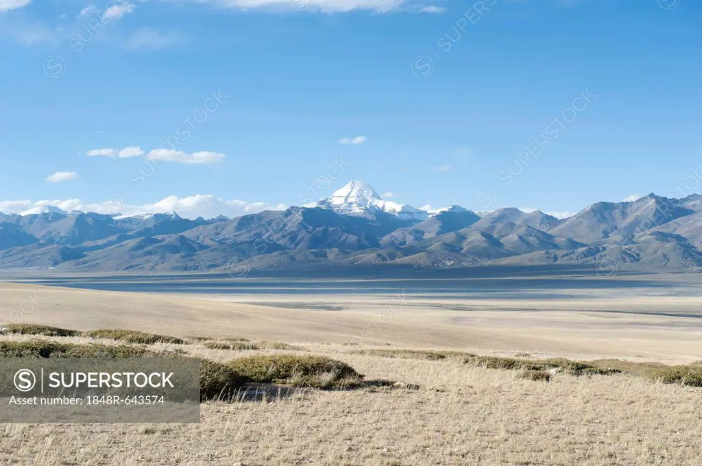Tibetan Buddhism, snow-covered holy Mount Kailash, Gang Rinpoche mountain, south face with cleft, plain in front of the mountains, Ngari Prefecture, G...