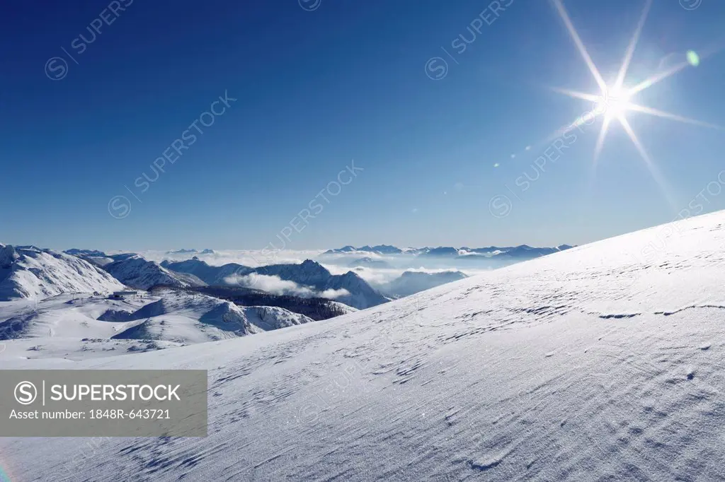 View from Lawinenstein Mountain, Die Tauplitz ski resort, Bad Mitterndorf, Ausseerland, Salzkammergut, Styria, Austria, Europe