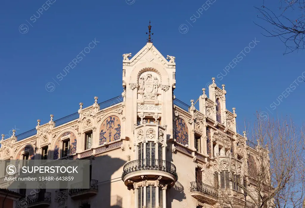 Art Nouveau facade of Gran Hotel, Plaza Weyler, Palma de Majorca, Majorca, Balearic Islands, Spain, Europe