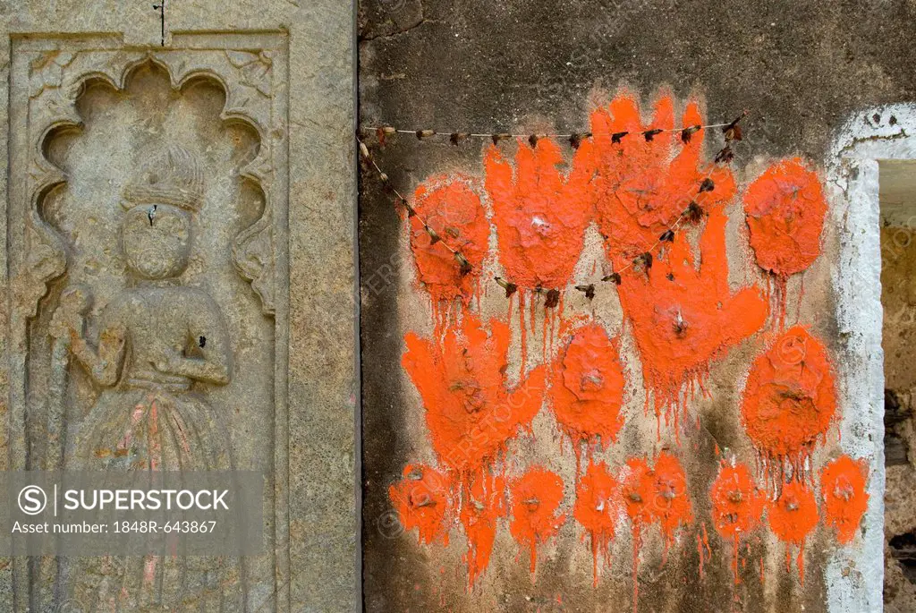 Sati handprints, Karni Fort Bambora, Rajasthan, India, Asia