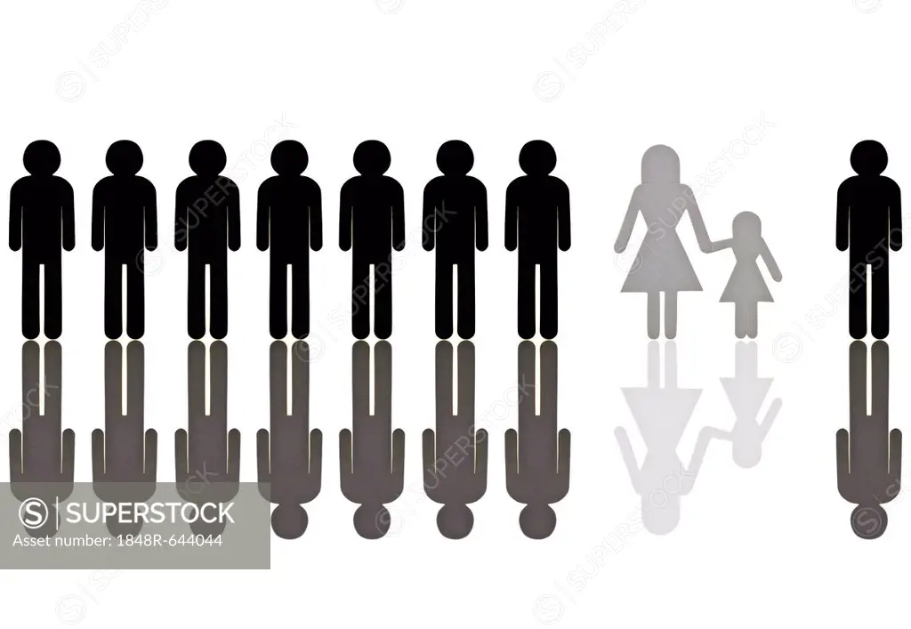 Row of black male pictogram figures with a single grey female figure with a child, symbolic image for discrimination in employment because of a child