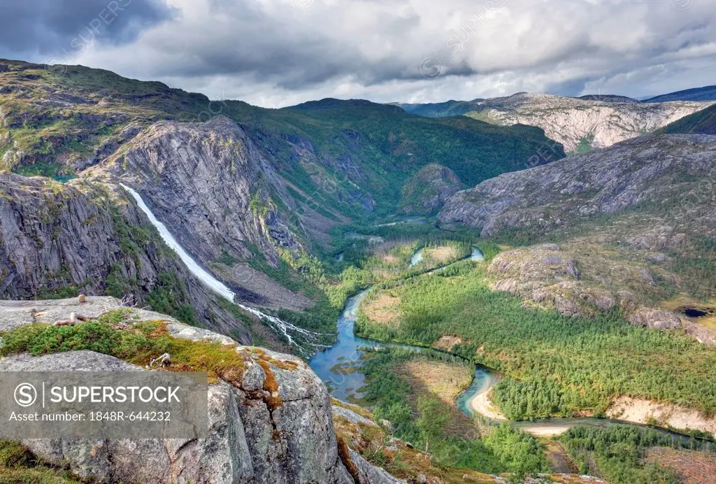 Storskogdalen valley with Litlverivassforsen waterfall and Storskogelva river, Rago National Park, Nordland county, Norway, Scandinavia, Europe