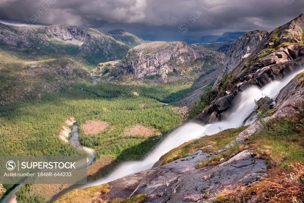 Litlverivassforsen waterfall and Storskogelva river in Storskogdalen valley, Rago National Park, Nordland county, Norway, Scandinavia, Europe
