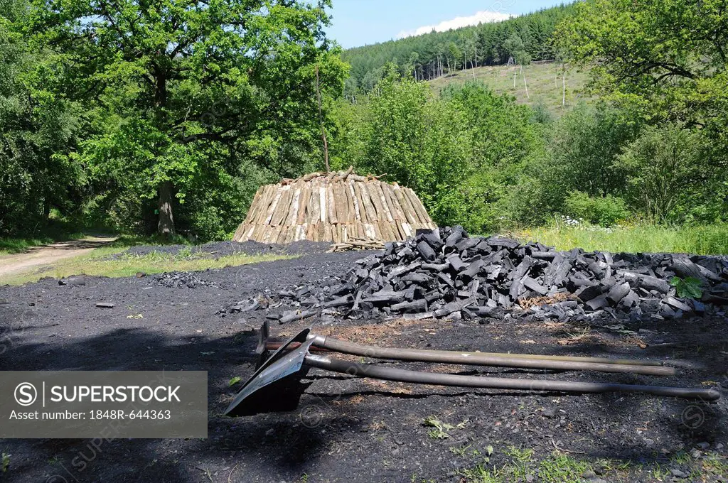 Fresh charcoal from a charcoal mound and a new pile being built, Walpersdorf, Siegen-Wittgenstein district, North Rhine-Westphalia, Germany, Europe