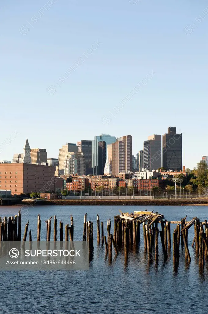 Skyline with the church steeple of the Old North Church, Financial District, view from Charlestown Navy Yard over Boston Harbour, Boston, Massachusett...