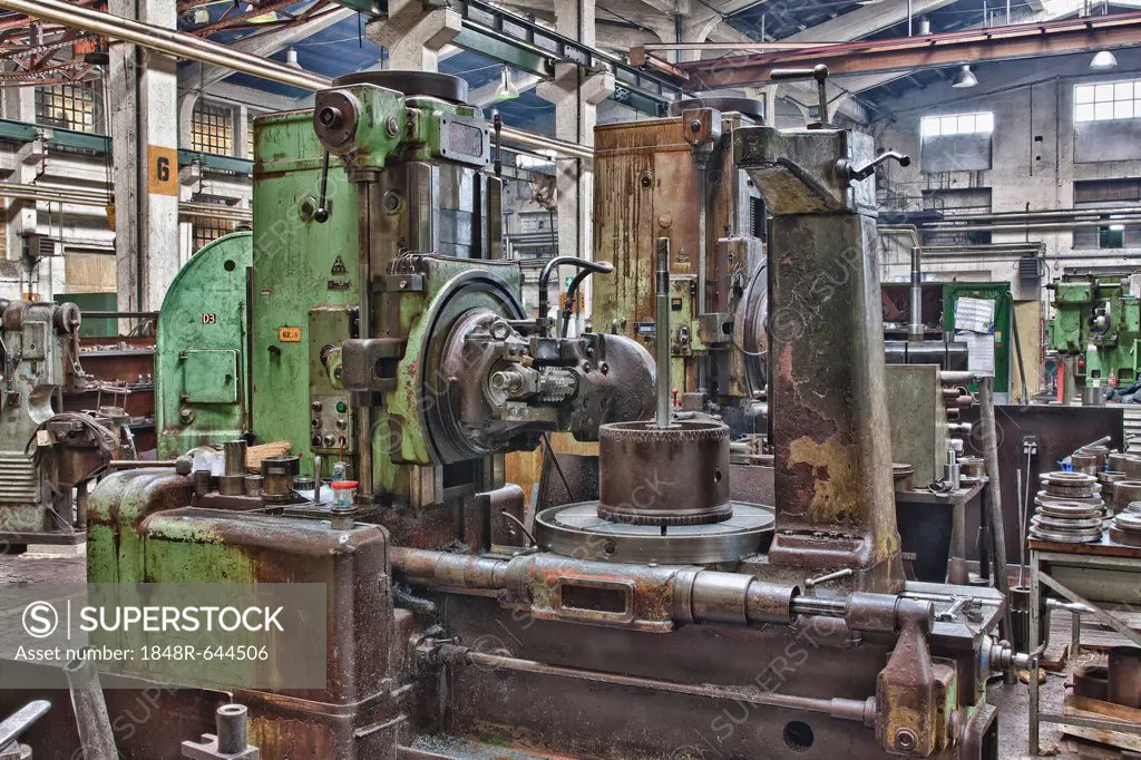 Old turning lathe, detail, in an old abandoned factory in Rijeka, Croatia, Europe