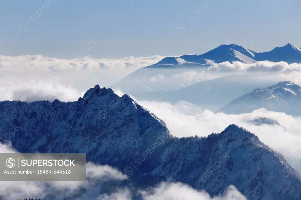 Hechlstein Mountain, left, View from Lawinenstein Mountain, Bad Mitterndorf, Ausseerland, Salzkammergut, Styria, Austria, Europe