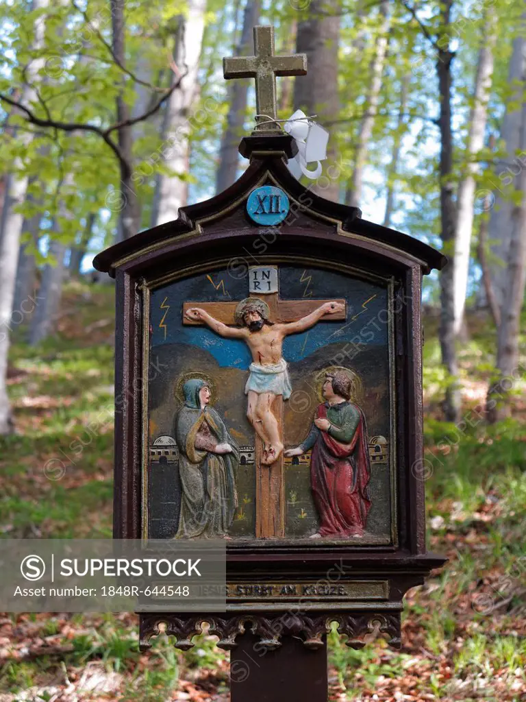 Station on a way of the cross on Riederstein mountain, station XII, Jesus dies on the cross, Mangfall Mountains, Tegernsee valley, Upper Bavaria, Bava...