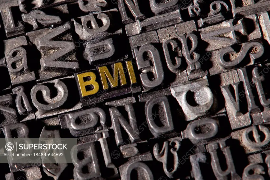 The word BMI, made of old lead type