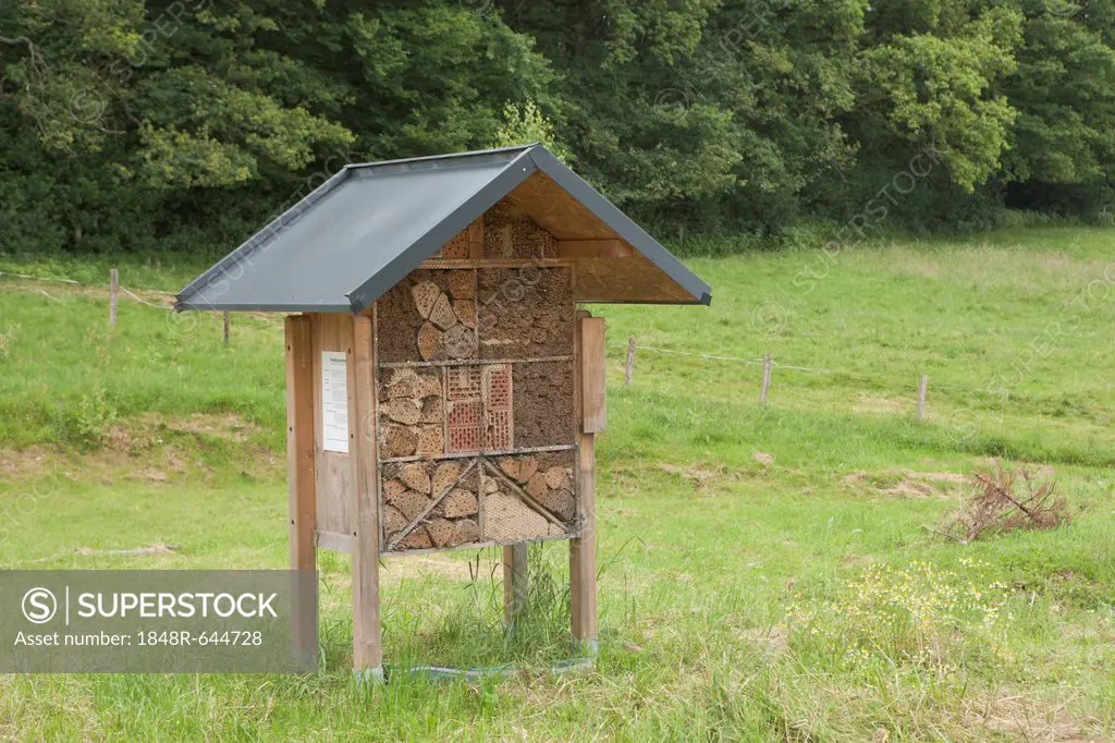 Insect hotel or box on a meadow, Bergisches Land region, North Rhine-Westphalia, Germany, Europe