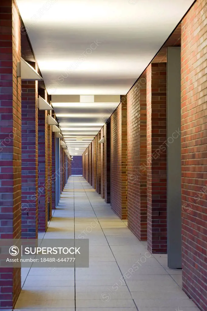 Long corridor in the Speicherstadt historic warehouse district in Hamburg, Germany, Europe