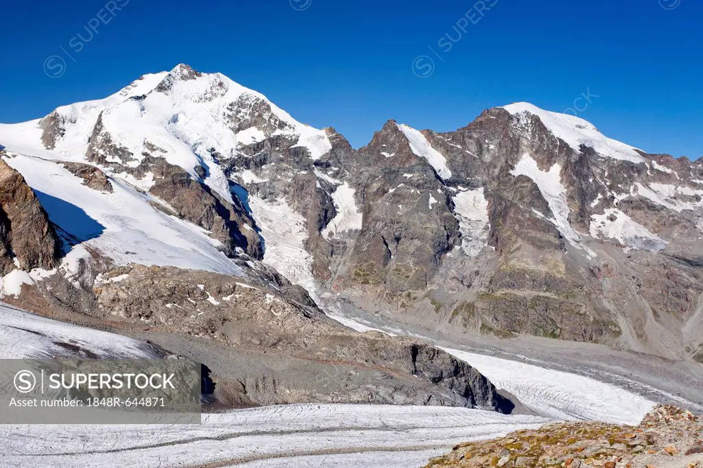 Summit of Bernina Mountain with Biancograt Ridge, summit of Morteratsch Mountain on the right, Pers Glacier at the front, Grisons, Switzerland, Europe