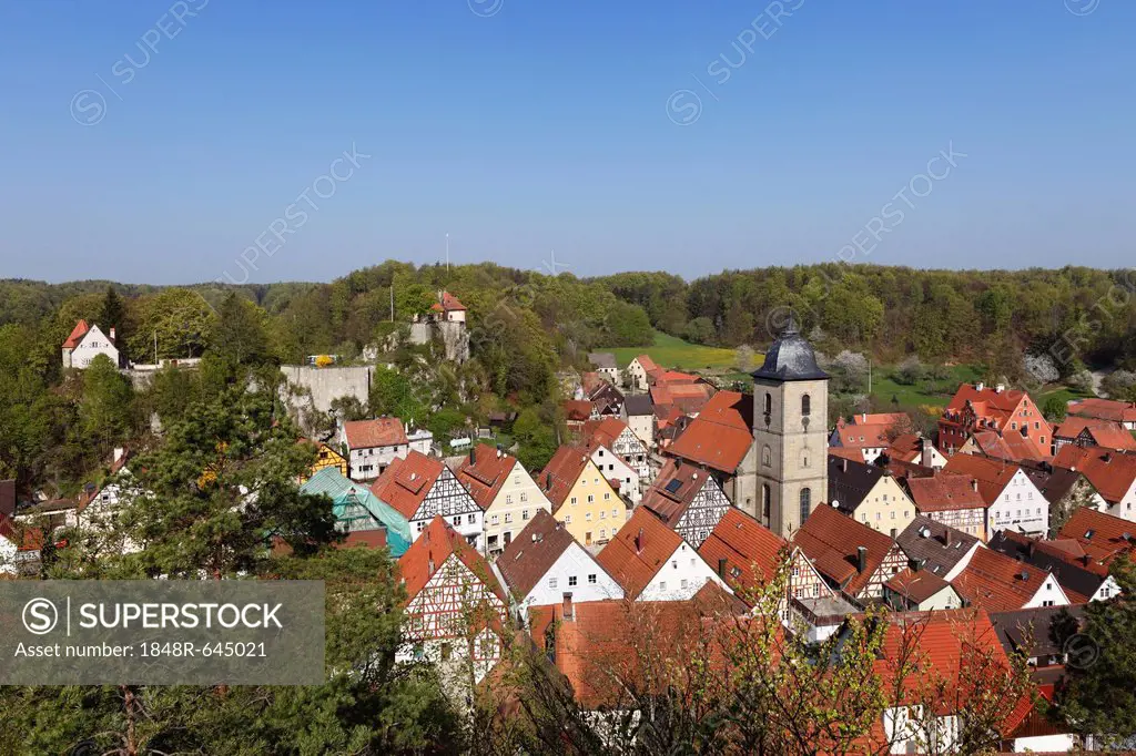 Betzenstein and the castles, view from Schmidberg mountain, Little Switzerland, Upper Franconia, Franconia, Bavaria, Germany, Europe