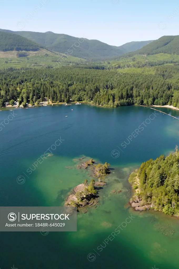 Aerial view of Gordon Bay Provincial Park, Cowichan Lake, Vancouver Island, British Columbia, Canada