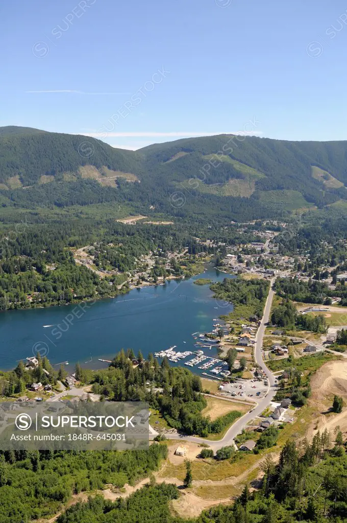 Aerial view of the town of Lake Cowichan on Cowichan Lake, Vancouver Island, British Columbia, Canada