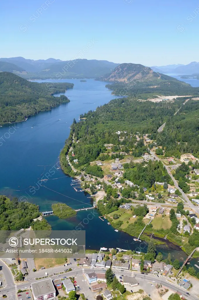 Aerial view of the town of Lake Cowichan on Cowichan Lake, Vancouver Island, British Columbia, Canada