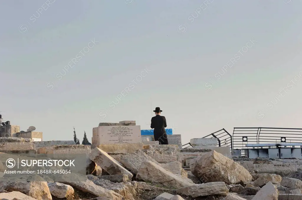 Orthodox Jew at the Jewish cemetery on the Mount of Olives during evening prayer, Jerusalem, Israel, Middle East, Asia