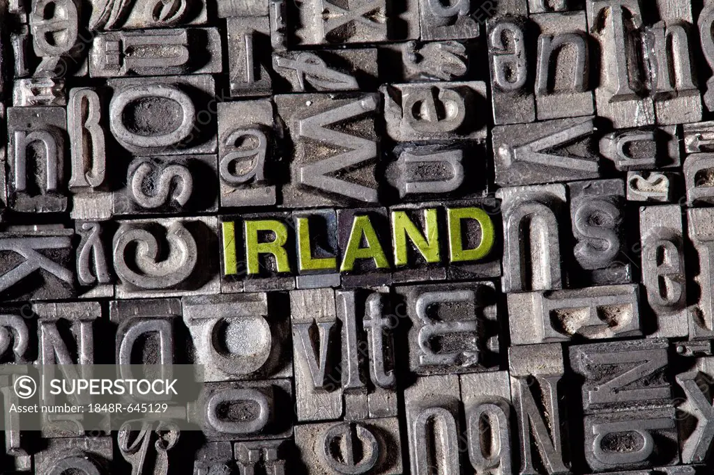 The word Irland, German for Ireland, made of old lead type