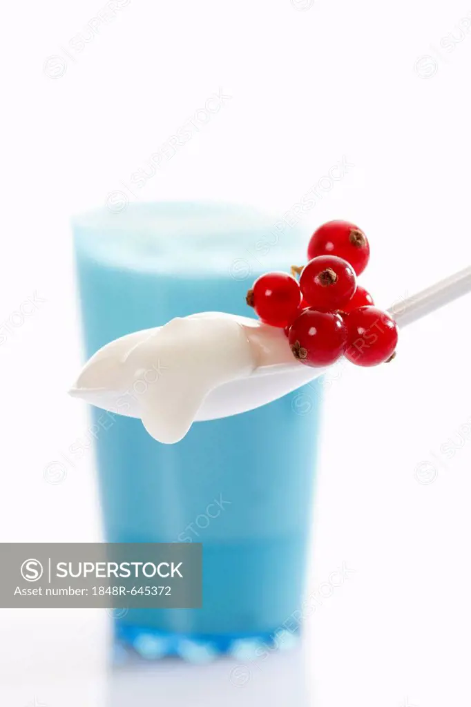 Blue cup and white plastic spoon with yoghurt and red currants