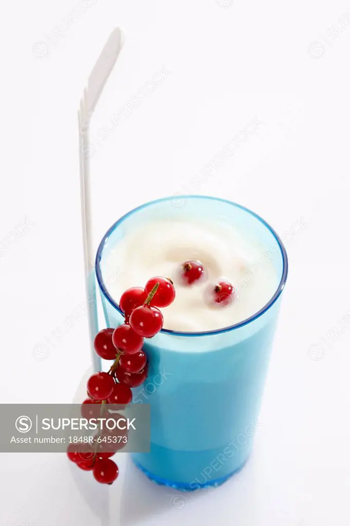 Blue cup and white plastic spoon with yoghurt and red currants
