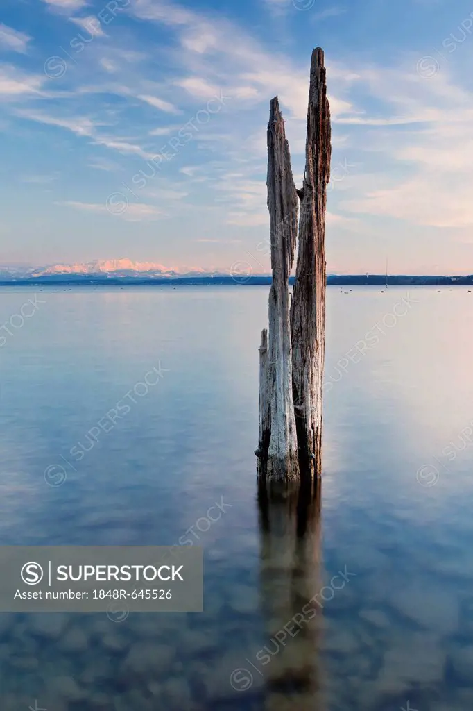 Old post with a view to Mt. Saentis on Lake Constance near Ueberlingen, Baden-Wuerttemberg, Germany, Europe