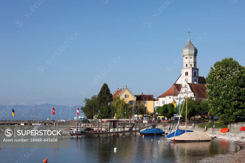 Peninsula with church of St. Georg, Wasserburg on Lake Constance, Swabia, Bavaria, Germany, Europe, PublicGround