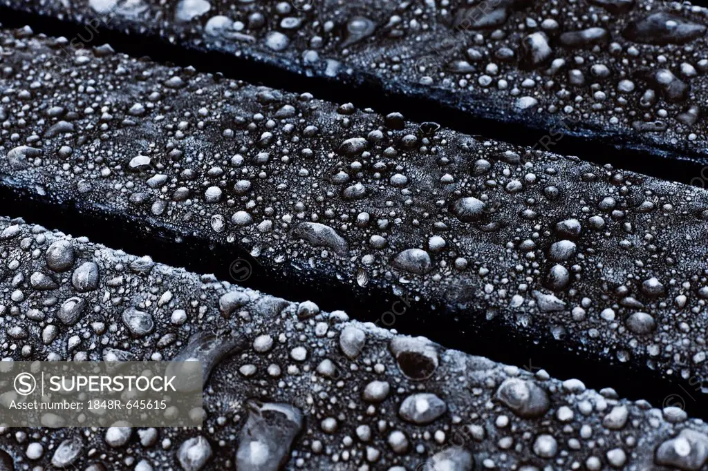 Frozen waterdrops on a wooden bench