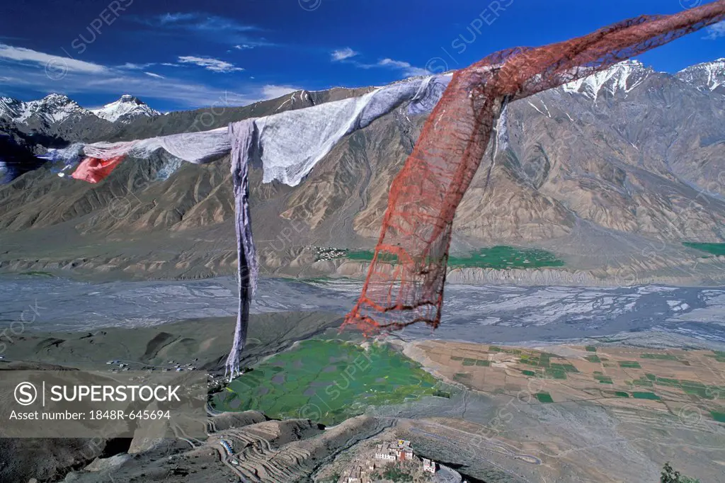 Prayer flags, view of fields and the Buddhist Ki or Key Monastery or Gompa, Spiti Valley, Lahaul and Spiti district, Indian Himalayas, Himachal Prades...