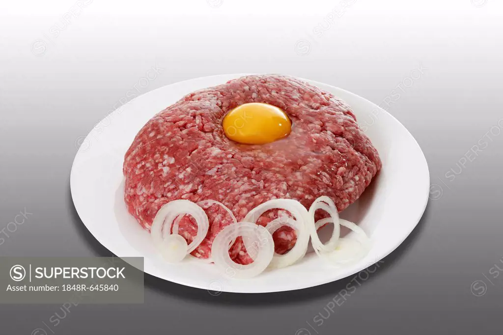 Minced meat, half ground beef, half ground pork, on a plate with onion rings and egg yolk