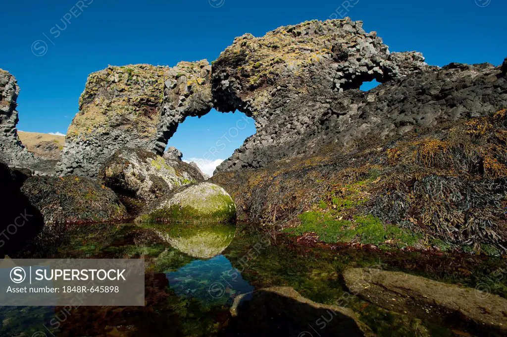 Basalt arch on the coast near Arnarstapi, Breiðavík Bay, Breidavik, Snæfellsnes peninsula, Snaefellsnes, Iceland, Europe
