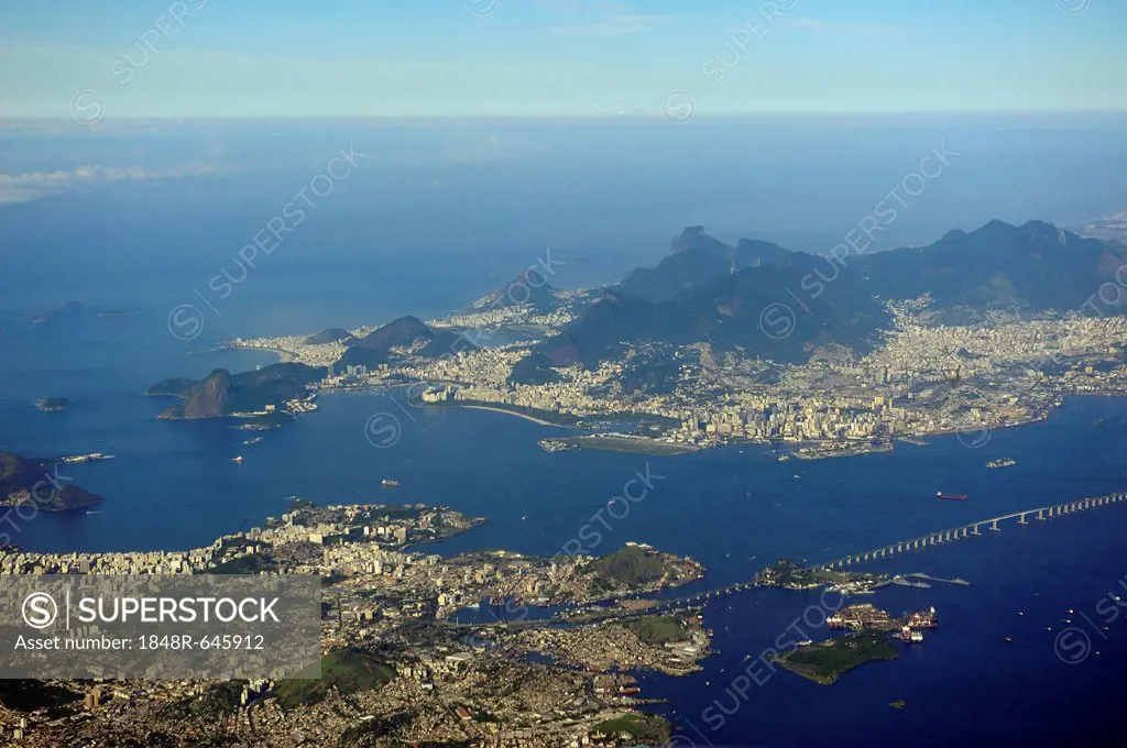 Aerial view of Rio de Janeiro, Niteroi and Bahia de Guanabara, Guanabara Bay, Brazil, South America