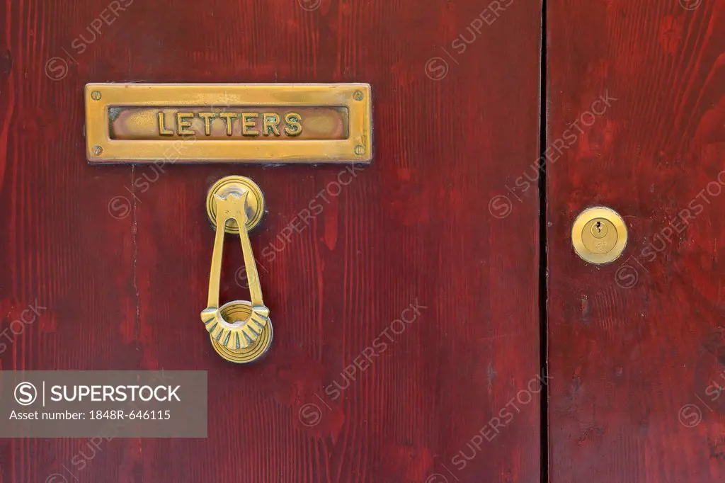 Letter slot and door knocker on the front door of a house, Valletta, Malta, Europe
