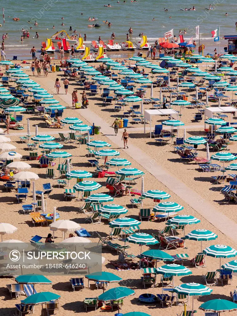 View of the beach with parasols and sun loungers, Lignano Sabbiadoro, Udine, Adriatic Coast, Italy, Europe