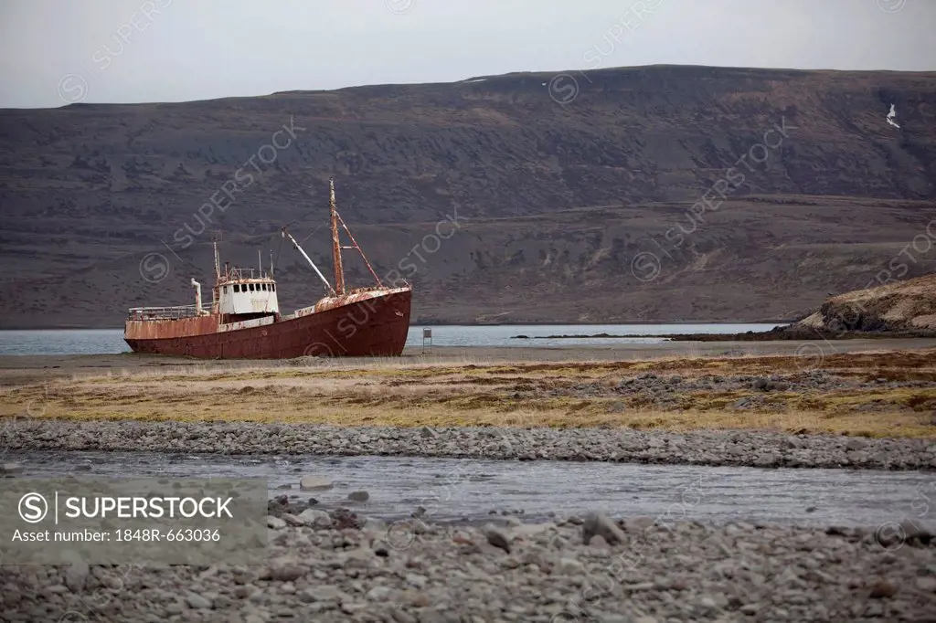 Shipwreck in Breidavik, West Fjords, Iceland, Europe