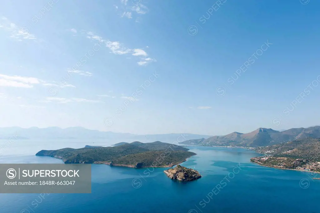 View of the Mediterranean Sea, Spinalonga island, formerly used as a leper colony, near Elounda, Mirabello Gulf, eastern Mediterranean Sea, Crete, Gre...